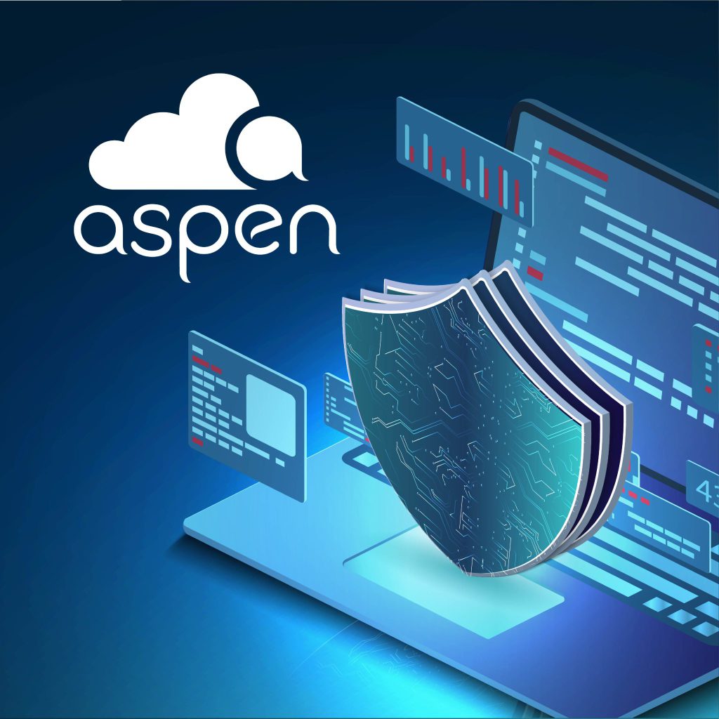 futuristic illustration of laptop with shield and aspen cloud logo
