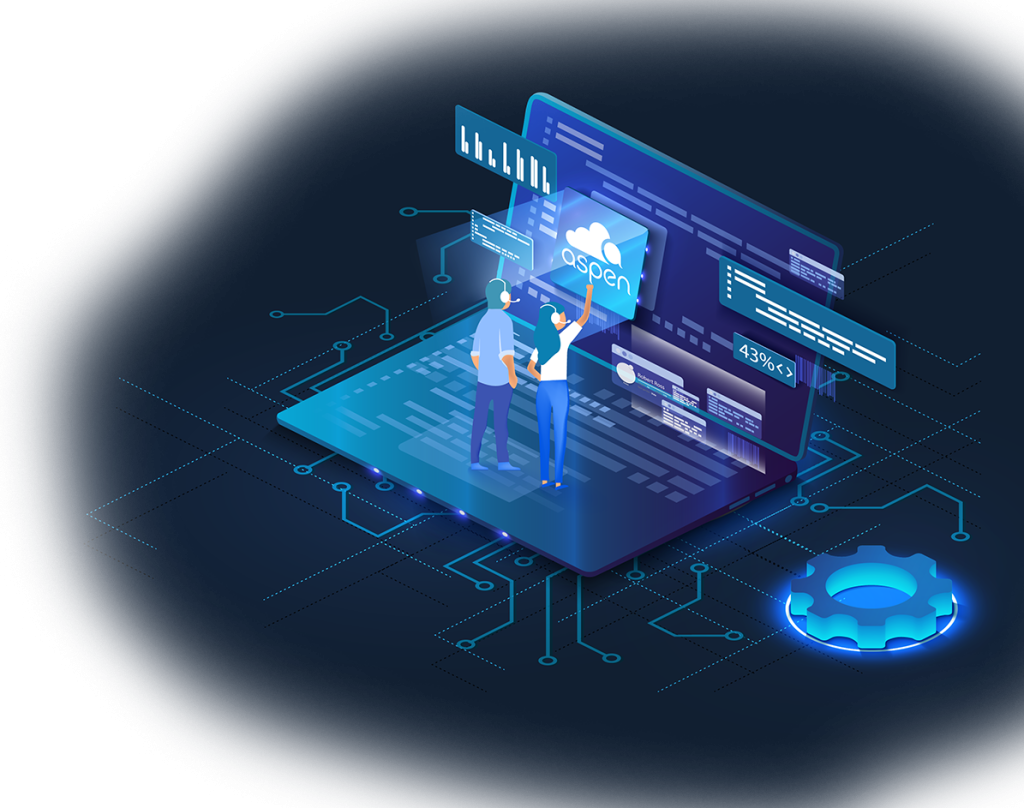 futuristic tech illustration of blue laptop with a man and woman standing on it and gesturing to the screen