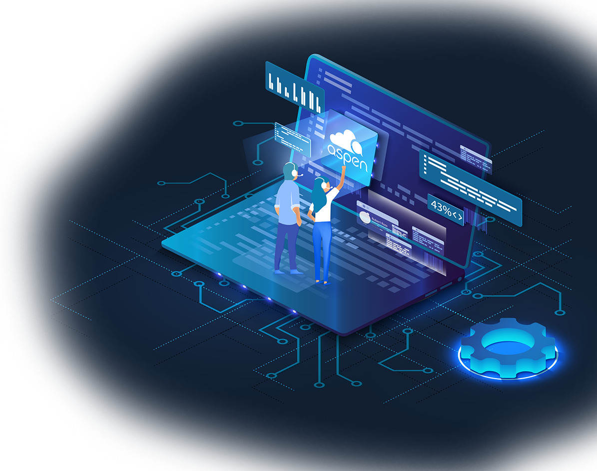futuristic tech illustration of blue laptop with a man and woman standing on it and gesturing to the screen